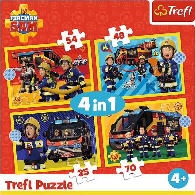 Набір пазлів Trefl 4в1 Пожежник Сем: Пожежник на виклику 35/48/54/70 елементів 34348 (5900511343489) - зображення 2