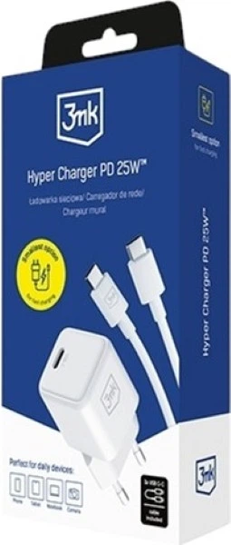 Зарядний пристрій 3mk Hyper Ultra Mini GaN 25W PD, QC3.0, PPS + кабель USB Type-C 1.2 м White (155662) - зображення 2