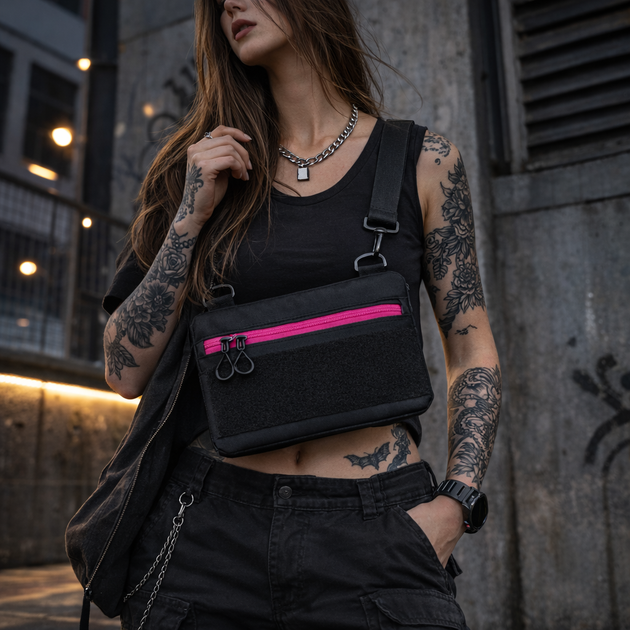 Сумка через плечо Cordura с Velcro панелью на патчи (через плечо) черная с розовым - изображение 5