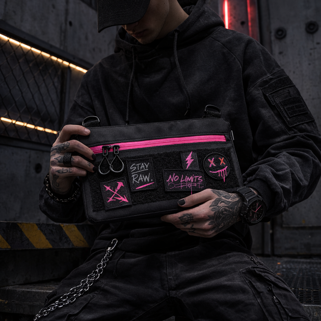 Сумка через плечо Cordura с Velcro панелью на патчи (через плечо) черная с розовым - изображение 7