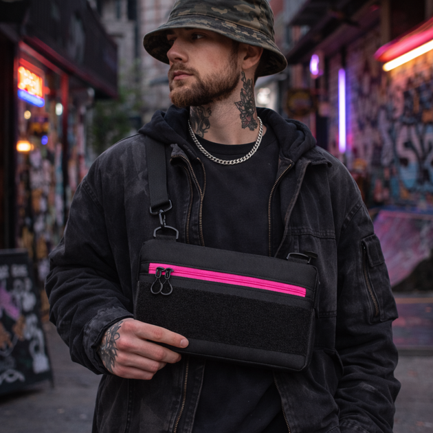 Сумка через плечо Cordura с Velcro панелью на патчи (через плечо) черная с розовым - изображение 8