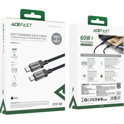 Кабель USB 2.0 Type-C M-M, 1.2м 60W stainless steel Black, C12-03 Acefast - изображение 5