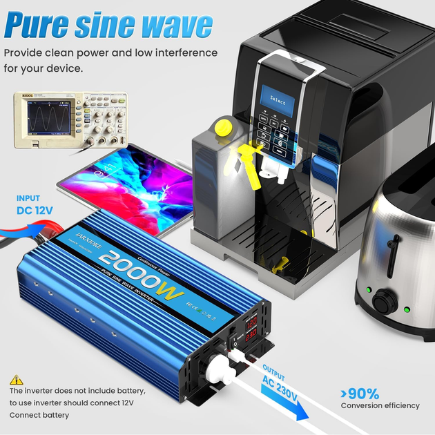 Инвертор 2200W с чистой синусоидой 2000W, преобразователь напряжения 12В - 230В с 2 розетками переменного тока, USB портами - изображение 4