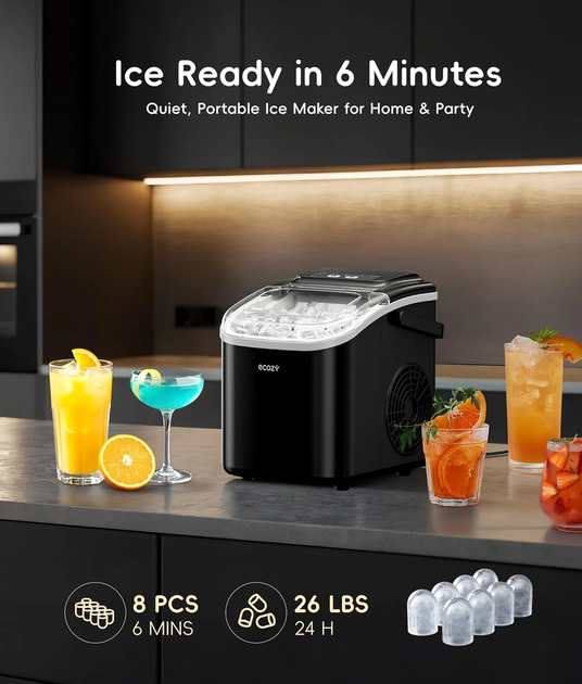 Портативный настольный ледогенератор Ecozy (12kg), Машинка для приготовления кубиков льда 9 кубиков льда за 6 минут - изображение 8
