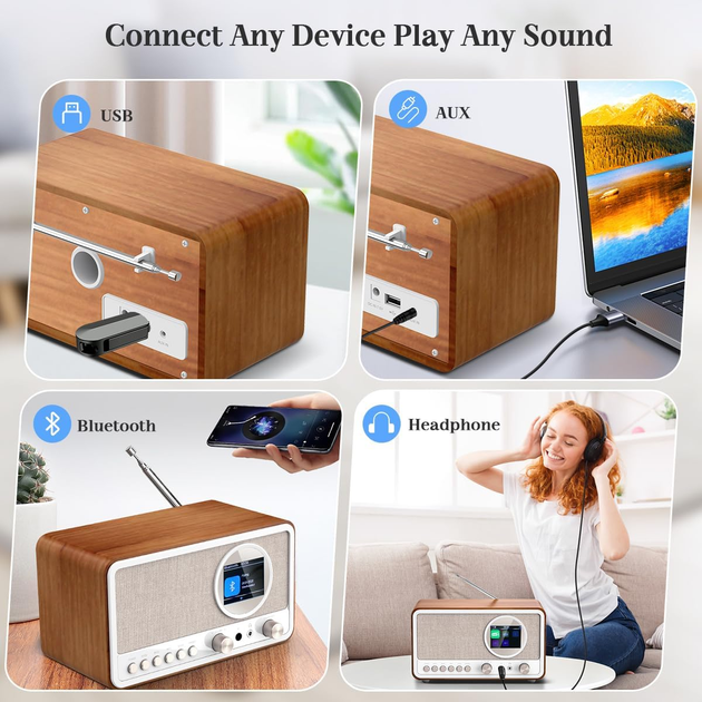 Ретро-радио ETDEUH DAB+/FM Bluetooth 5.0 White: Hi-Fi звук 5Вт, USB, AUX, Пульт ДУ и Двойной Будильник — Премиум Дизайн - изображение 5