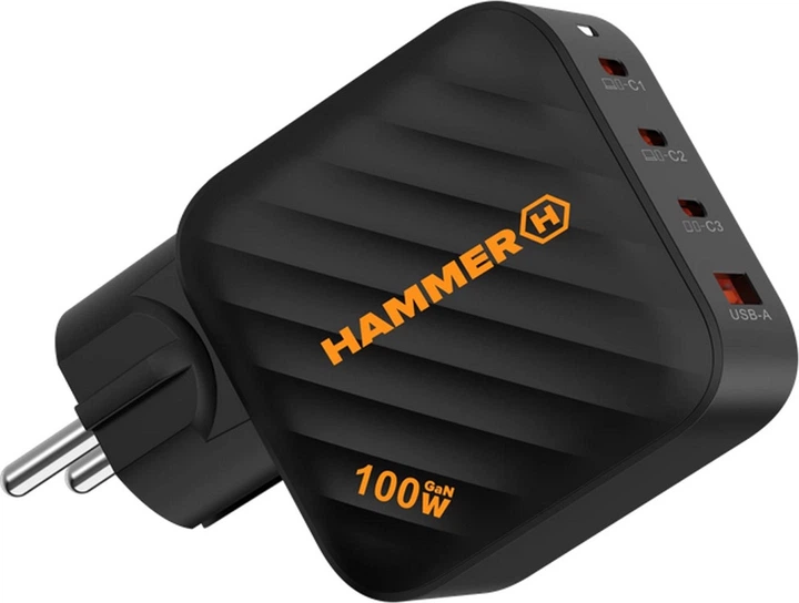 Мережевий зарядний пристрій HAMMER RapidCharge 3 x USB Type-C + 1 x USB Type-A 100 W Black (5902983643470) - зображення 3