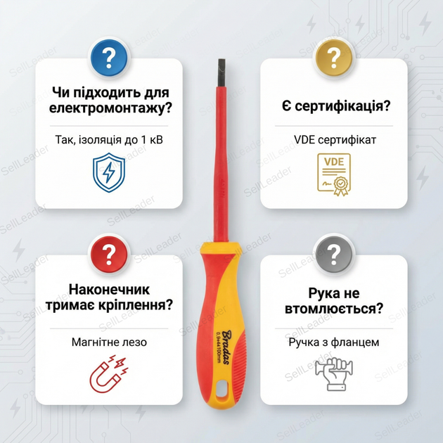 Викрутка Bradas 3/100 мм 1 кВ шліцевий стержень ізольована плоска магнітна діелектрична - Фото 4 Викрутка Bradas 3/100 мм 1 кВ шліцевий стержень ізольована плоска магнітна діелектрична - зображення 4