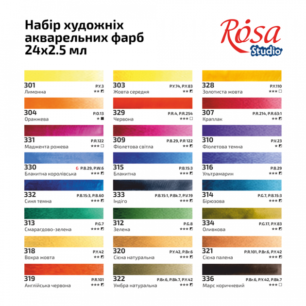 Набір акварельних фарб Rosa Studio Watercolours Plein Air 24 кольори кювета картонна коробка (3405002) - зображення 2