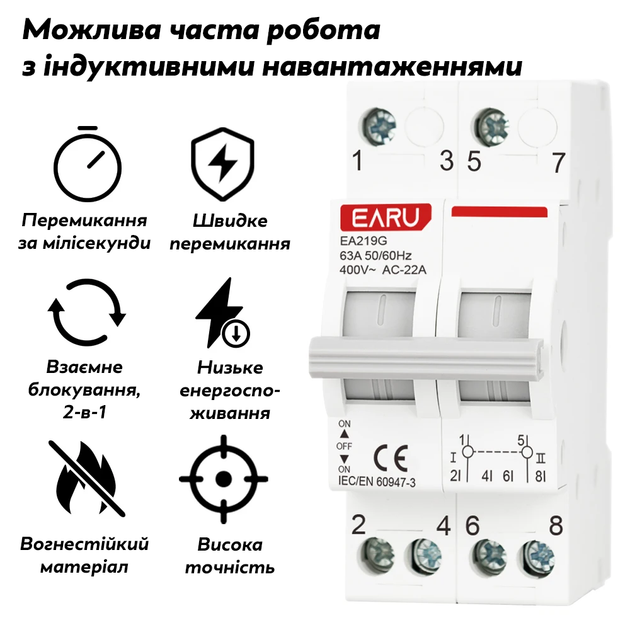 Реле-перемикач ручний введення резерву EARU EA219G 63A AC400V 2P DIN-рейка - зображення 2