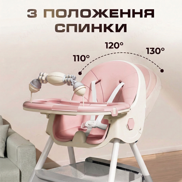 Детский стульчик трансформер 2в1 со столиком для кормления детей с регулируемой спиной и высотой на колесиках Розовый - Фото 2 Детский стульчик трансформер 2в1 со столиком для кормления детей с регулируемой спиной и высотой на колесиках Розовый - изображение 2