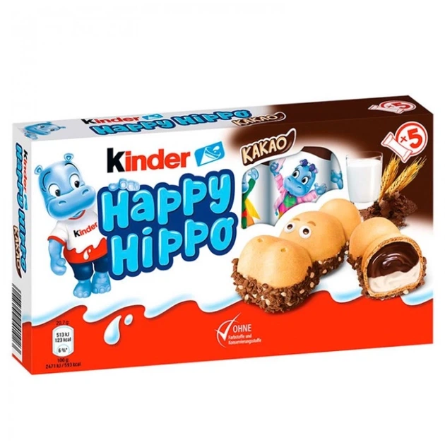 Вафельні батончики Kinder Happy Hippo з какао начинкою 5 шт 105 г - Фото 1 Вафельні батончики Kinder Happy Hippo з какао начинкою 5 шт 105 г - зображення 1