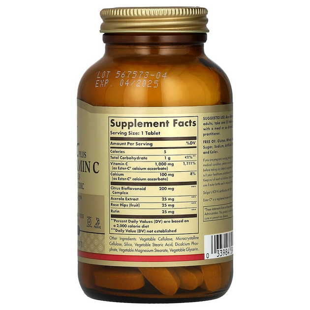 Витамин С SOLGAR "Ester-C Plus Vitamin C" в виде аскорбат кальция для иммунитета, 1000 мг (90 таблеток) - изображение 2