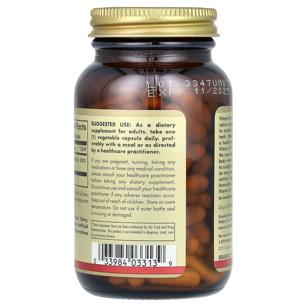 Вітамін D3, SOLGAR "Vitamin D3 (Cholecalciferol)" холекальциферол, 5000 МО (120 капсул) - зображення 3