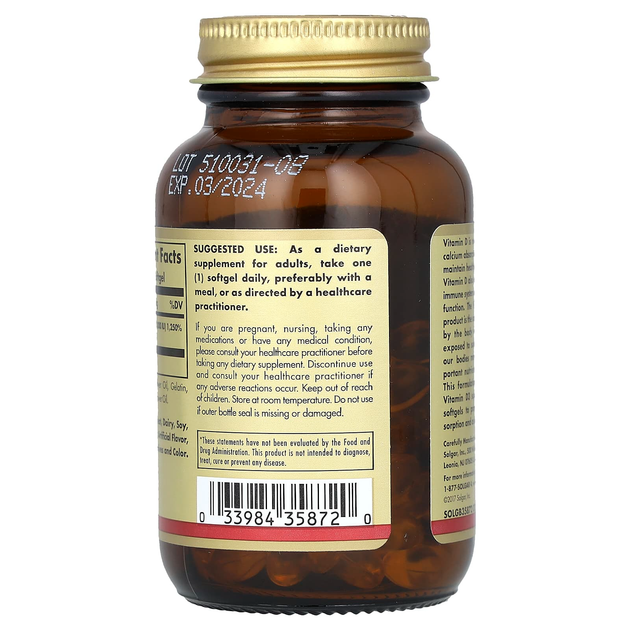 Витамин D3 SOLGAR "Vitamin D3 (Cholecalciferol)" холекальциферол, 10000 МЕ (120 гелевых капсул) - изображение 3