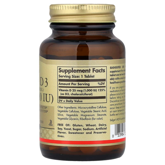 Витамин D3 SOLGAR "Vitamin D3 (Cholecalciferol)" холекальциферол, 1000 МЕ (180 таблеток) - изображение 2