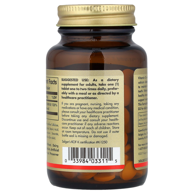 Витамин D3 SOLGAR "Vitamin D3 (Cholecalciferol)" холекальциферол, 1000 МЕ (180 таблеток) - изображение 3