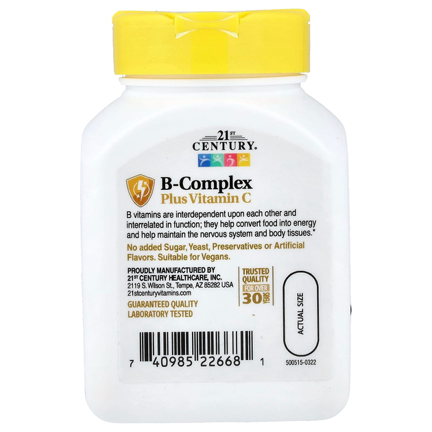Комплекс вітамінів групи В, 21st Century "B Complex Plus Vitamin C" з вітаміном с (100 таблеток) - зображення 2