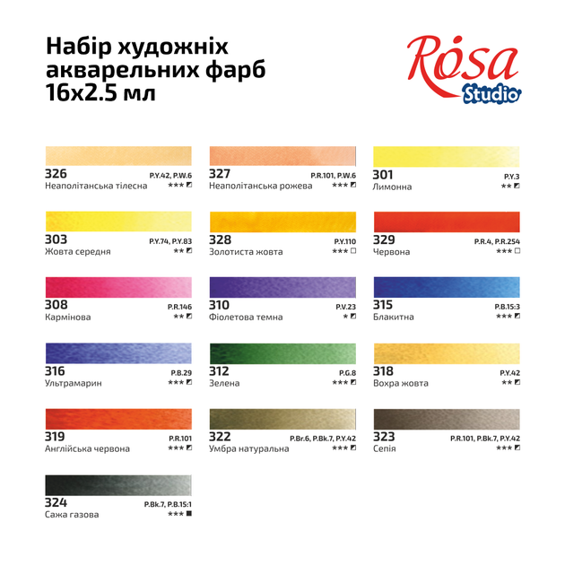 Акварель художественная в наборе Rosa Studio, 16 цветов по 2,5 мл., кюветы, картонный пенал, (3405003) - изображение 6
