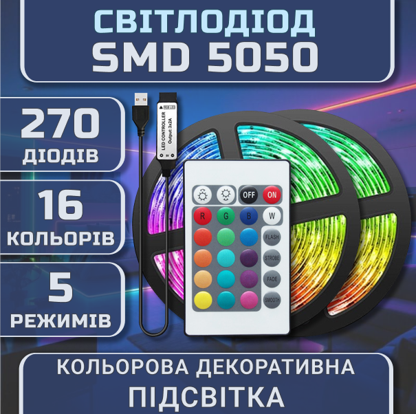 Світлодіодна чорна RGB SMD5050 стрічка комплект 15м з пультом на 24 кнопки, 18 світлодіодів на метр, USB 5V - зображення 2