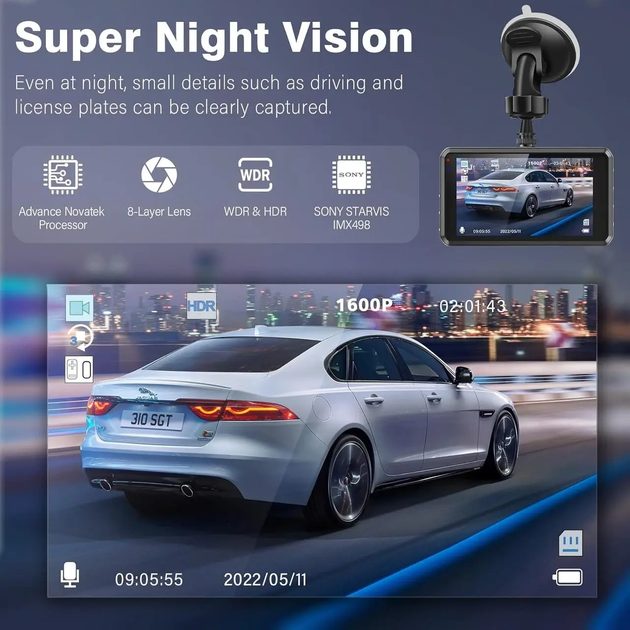 Автомобильный видеорегистратор S7 2.5K 1600P, WDR, циклическая запись, SD 64GB, Full HD для авто - изображение 3