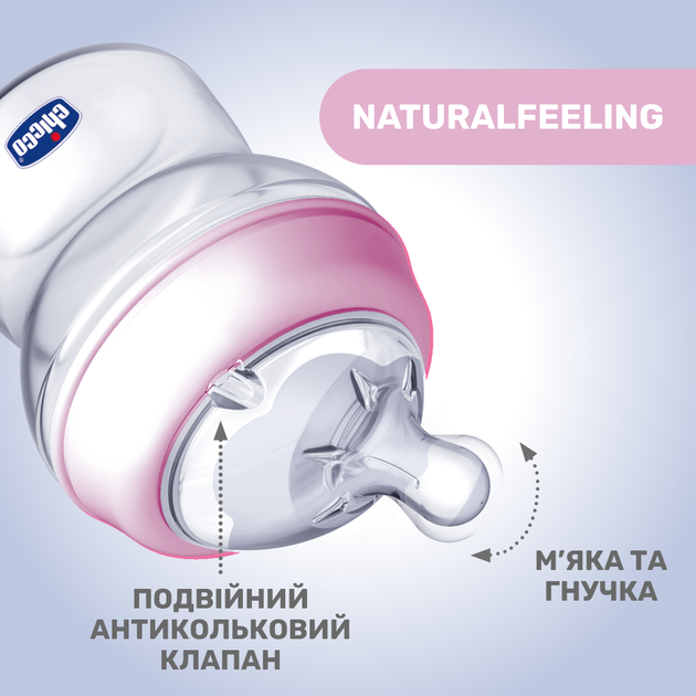 Пляшечка пластик Chicco Natural Feeling NEW, 250 мл, 2м+, колір рожевий (81323.10) - Фото 3 Пляшечка пластик Chicco Natural Feeling NEW, 250 мл, 2м+, колір рожевий (81323.10) - зображення 3