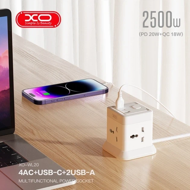 Подовжувач мережі 2500 Вт 2 м 4AC 3 USB Type-C білий XO WL20 - зображення 5
