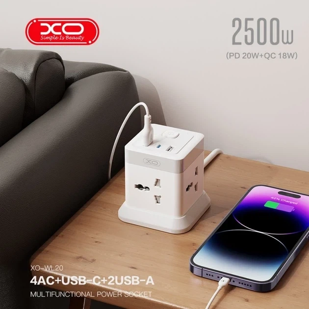 Подовжувач мережі 2500 Вт 2 м 4AC 3 USB Type-C білий XO WL20 - зображення 7