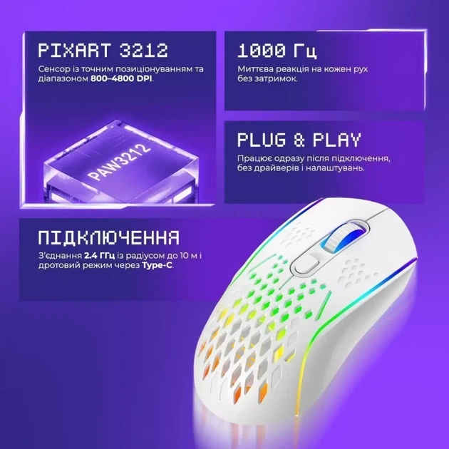Беспроводная игровая мышь Proove Gaming Buzz 2.4G + USB белая - изображение 7