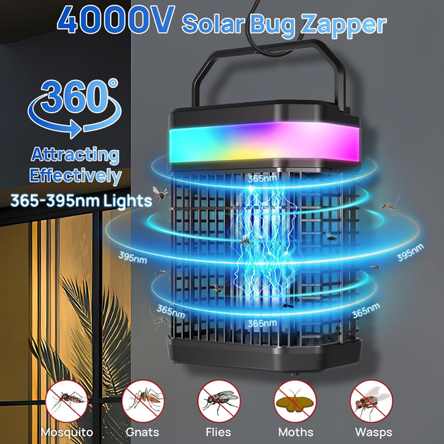 Солнечный уничтожитель насекомых Solar Bug Zapper OSFK-01 4000В с аккумулятором 5500мАч черный для улицы - изображение 2