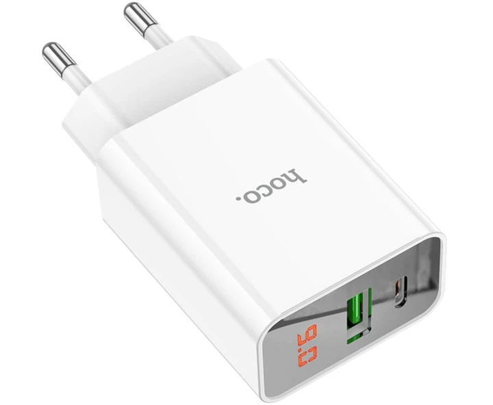 Зарядное устройство Hoco C100A USB QC3.0 / Type-C (PD) 20W быстрая зарядка с дисплеем - White - изображение 3