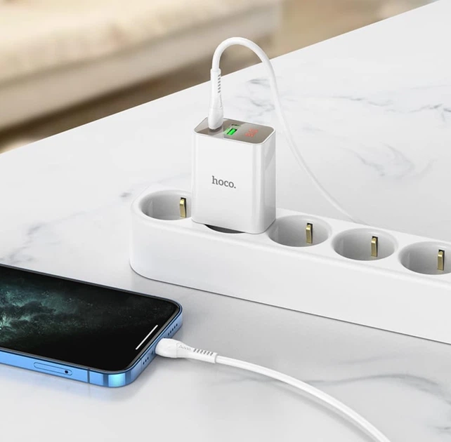 Зарядное устройство Hoco C100A USB QC3.0 / Type-C (PD) 20W быстрая зарядка с дисплеем - White - изображение 6