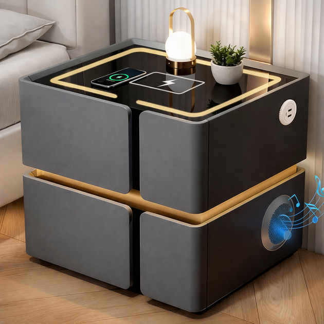 Розумна приліжкова тумба SZXF01 з Bluetooth-колонкою, USB і сенсорною підсвіткою, 2 шухляди, МДФ/екошкіра, сіра - зображення 5