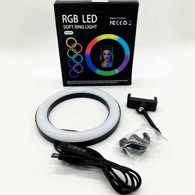 Кольцевая RGB лампа 20 см 25Вт USB с держателем для телефона MJ20 для селфи и видеосъемки - Фото 8 Кольцевая RGB лампа 20 см 25Вт USB с держателем для телефона MJ20 для селфи и видеосъемки - изображение 8