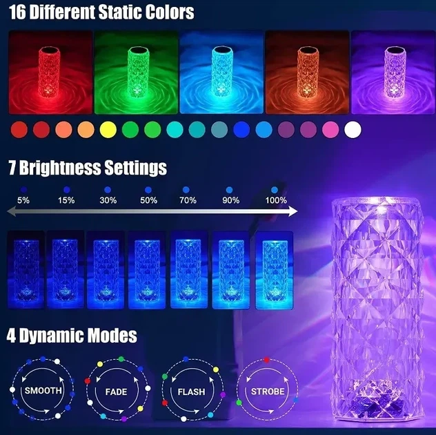 Настільна акумуляторна лампа з пультом 22 см нічник Троянда з пультом RGB Crystal Rose. - зображення 2