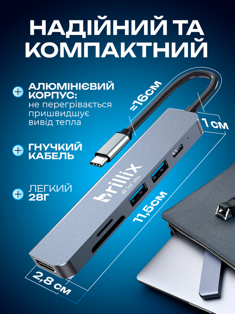 Usb хаб перехідник type с на юсб 6в1 hub адаптер на тайп сі для ноутбука макбука смартфона планшета пк Brillix UC-H6 Max концентратор з кардрідером розгалужувач 4 порти 4K HDMI+USB*2+SD/TF card reader+PD Female hub 6in1 - Фото 6 Usb хаб перехідник type с на юсб 6в1 hub адаптер на тайп сі для ноутбука макбука смартфона планшета пк Brillix UC-H6 Max концентратор з кардрідером розгалужувач 4 порти 4K HDMI+USB*2+SD/TF card reader+PD Female hub 6in1 - зображення 6