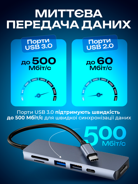Usb хаб перехідник type с на юсб 6в1 hub адаптер на тайп сі для