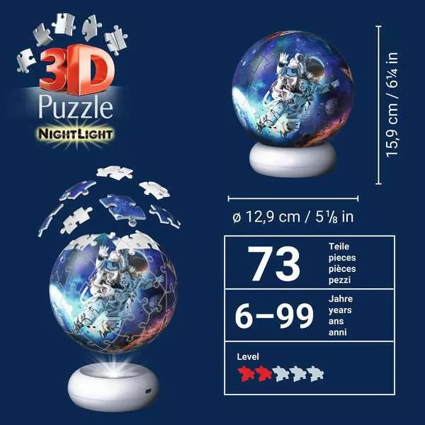 Puzzle 3D Ravensburger Świecąca Kula Astronauta 72 elementy 12008058 (4005555080589) - obraz 3