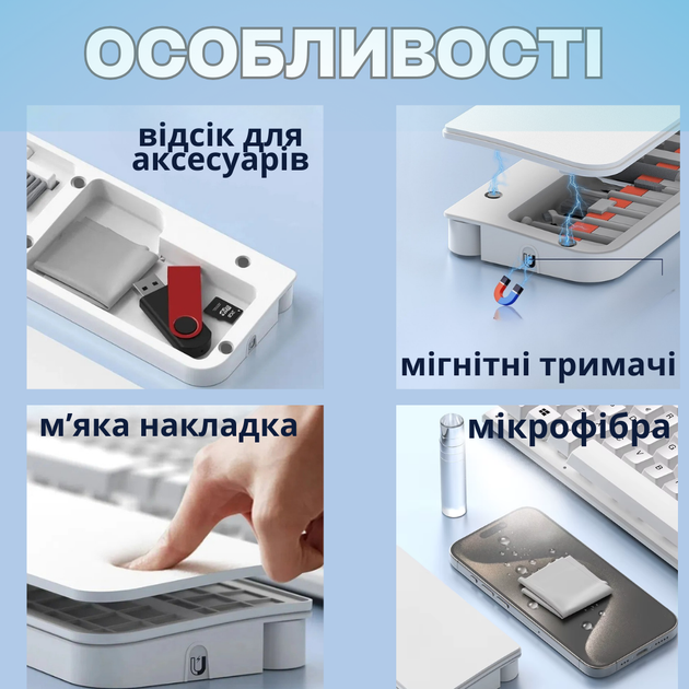 Набор для чистки гаджетов 22в1 с подставкой для клавиатуры белый (QS-22_white/artcol) - изображение 7
