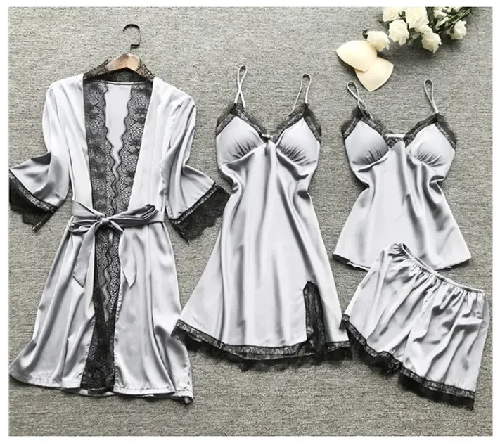 Атласний комплект із щільного атласу халат з пеньюаром та поясом Oversize S-L сірий (225/10) - Фото 1 Атласний комплект із щільного атласу халат з пеньюаром та поясом Oversize S-L сірий (225/10) - зображення 1