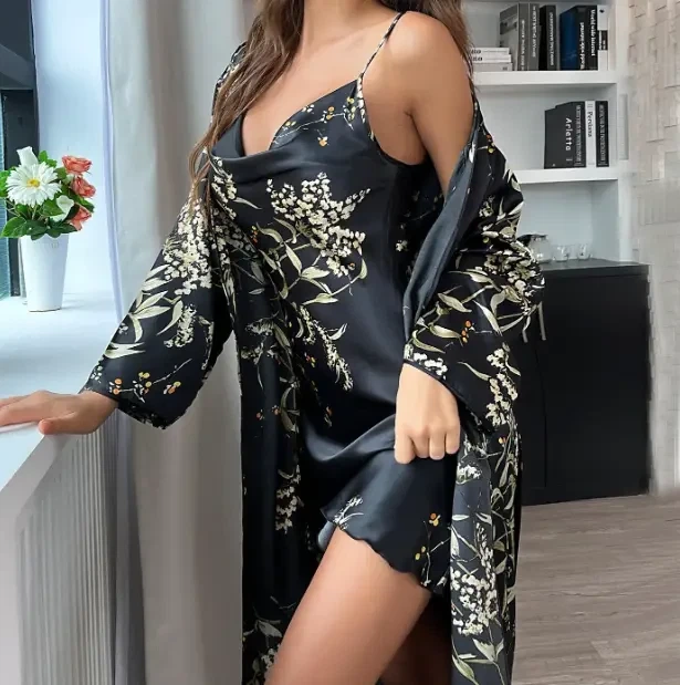 Халат с пеньюаром для сна L-XL черный (223/17) - Фото 2 Халат с пеньюаром для сна L-XL черный (223/17) - изображение 2