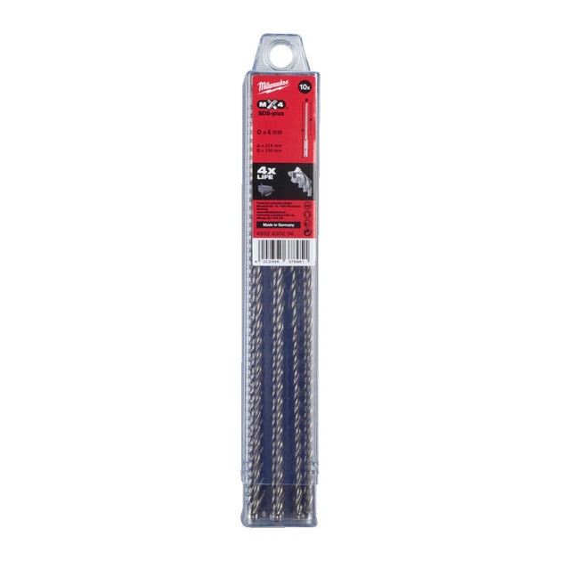 Бур SDS-PLUS MX4 MILWAUKEE, диаметр 6,0х215х150мм, (10шт), пластиковая коробка - Фото 1 Бур SDS-PLUS MX4 MILWAUKEE, диаметр 6,0х215х150мм, (10шт), пластиковая коробка - изображение 1