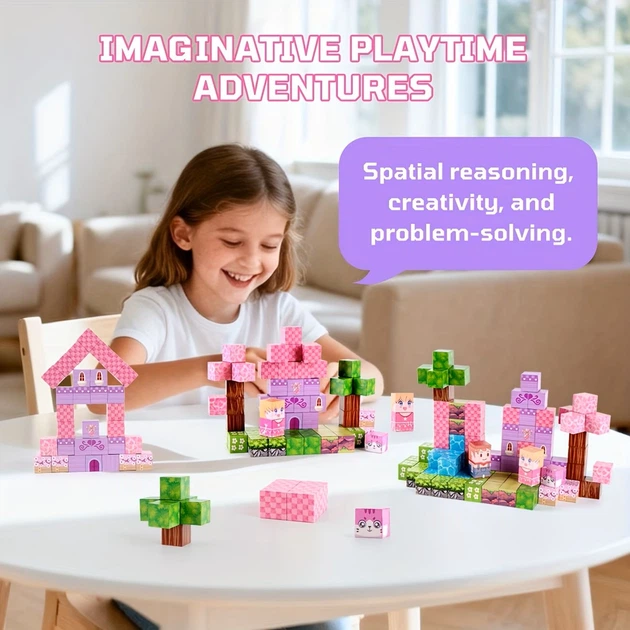 Магнітний конструктор Minecraft 100 блоків Розовий замок з вітряком - Фото 2 Магнітний конструктор Minecraft 100 блоків Розовий замок з вітряком - зображення 2