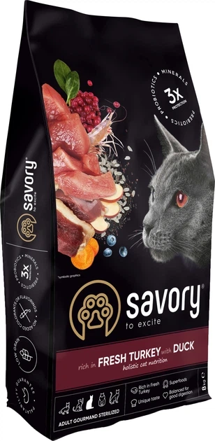 Корм сухий Savory Adult Cat Steril Fresh Turkey with Duck для стерилізованих котів з індичкою та качкою 8 кг - Фото 1 Корм сухий Savory Adult Cat Steril Fresh Turkey with Duck для стерилізованих котів з індичкою та качкою 8 кг - зображення 1