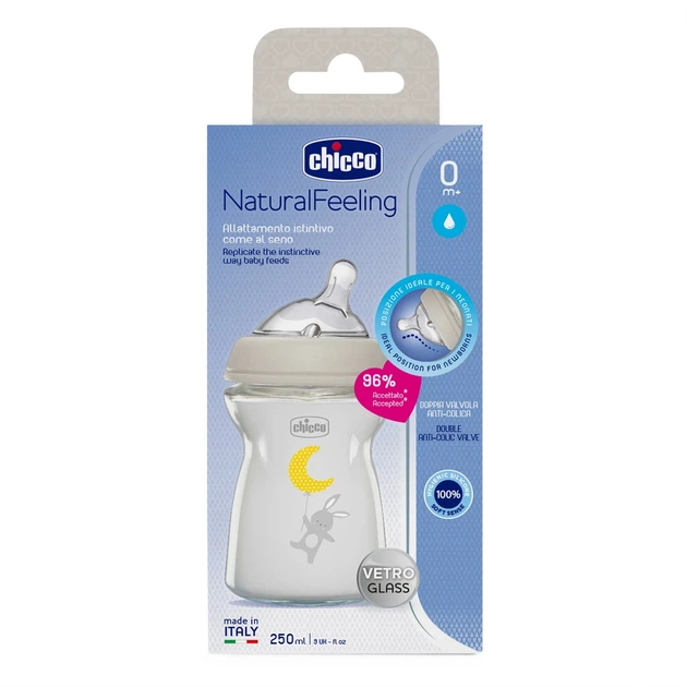 Пляшечка скло Chicco Natural Feeling NEW, 250 мл, 0м+ - Фото 9 Пляшечка скло Chicco Natural Feeling NEW, 250 мл, 0м+ - зображення 9