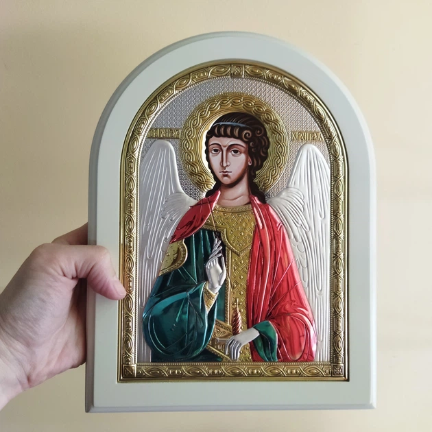 Серебряная икона с позолотой Ангел Хранитель, православная, в белой рамке - изображение 3
