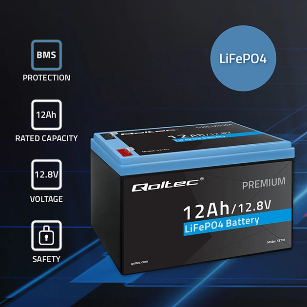 Akumulator Qoltec LiFePO4 Litowo-Żelazowo-Fosforanowy 12.8V 12Ah 153.6Wh BMS 53701 (5901878537016) - obraz 4