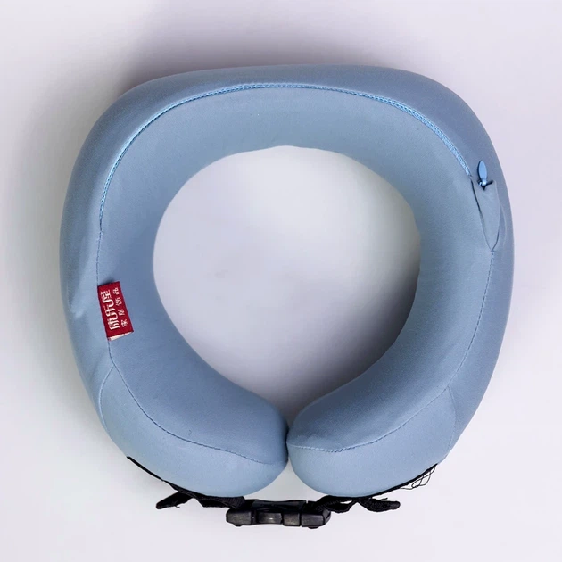 Подушка для шиї U-подібна Memory Foam блакитна з кейсом для зберігання анатомічна ортопедична - зображення 4