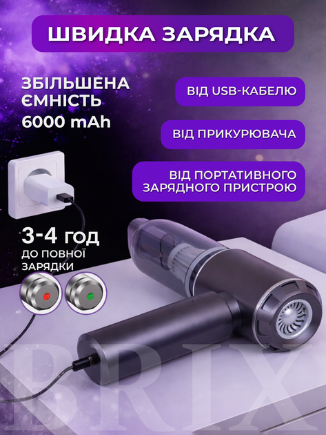 Пылесос автомобильный Серый 15 kPa 6000 mAh 3-в-1 с функцией выдува и вакууматора - изображение 5