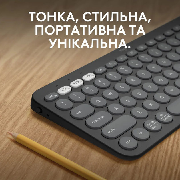 Клавіатура Logitech K380s Pebble Keys 2 Tonal Graphite (6915629) - Фото 2 Клавіатура Logitech K380s Pebble Keys 2 Tonal Graphite (6915629) - зображення 2
