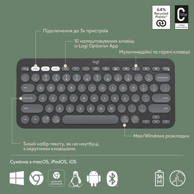 Клавіатура Logitech K380s Pebble Keys 2 Tonal Graphite (6915629) - Фото 4 Клавіатура Logitech K380s Pebble Keys 2 Tonal Graphite (6915629) - зображення 4